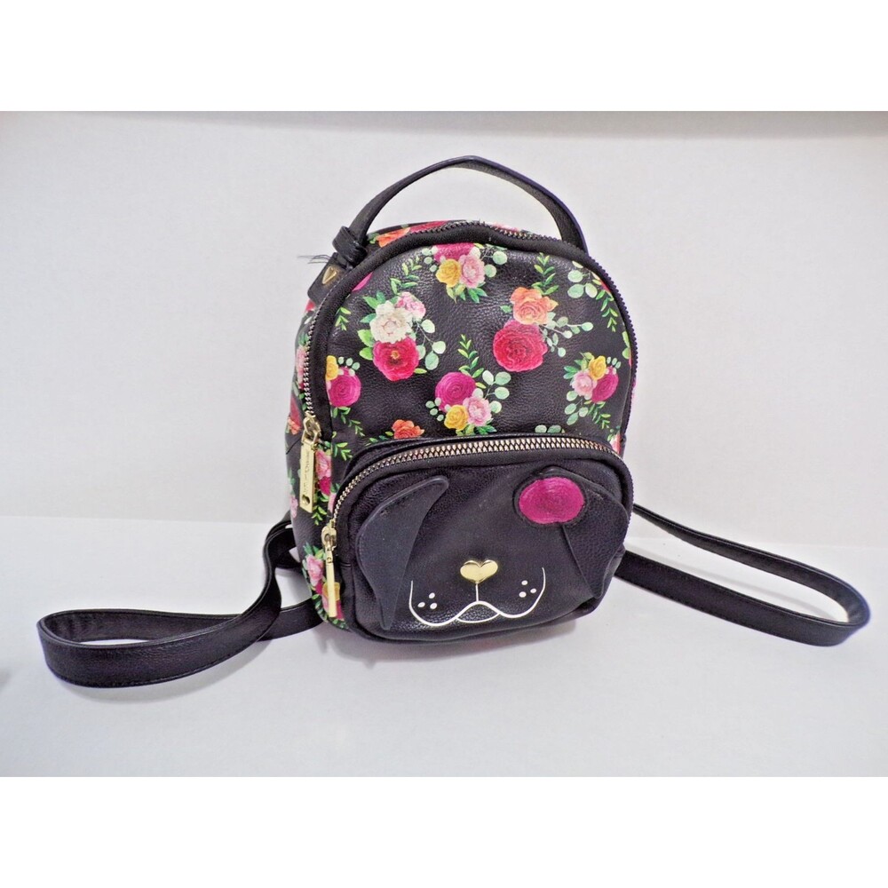Betsey Johnson Girls Dog Face Mini Backpack Purse Black w/Roses Gold Heart Acct
